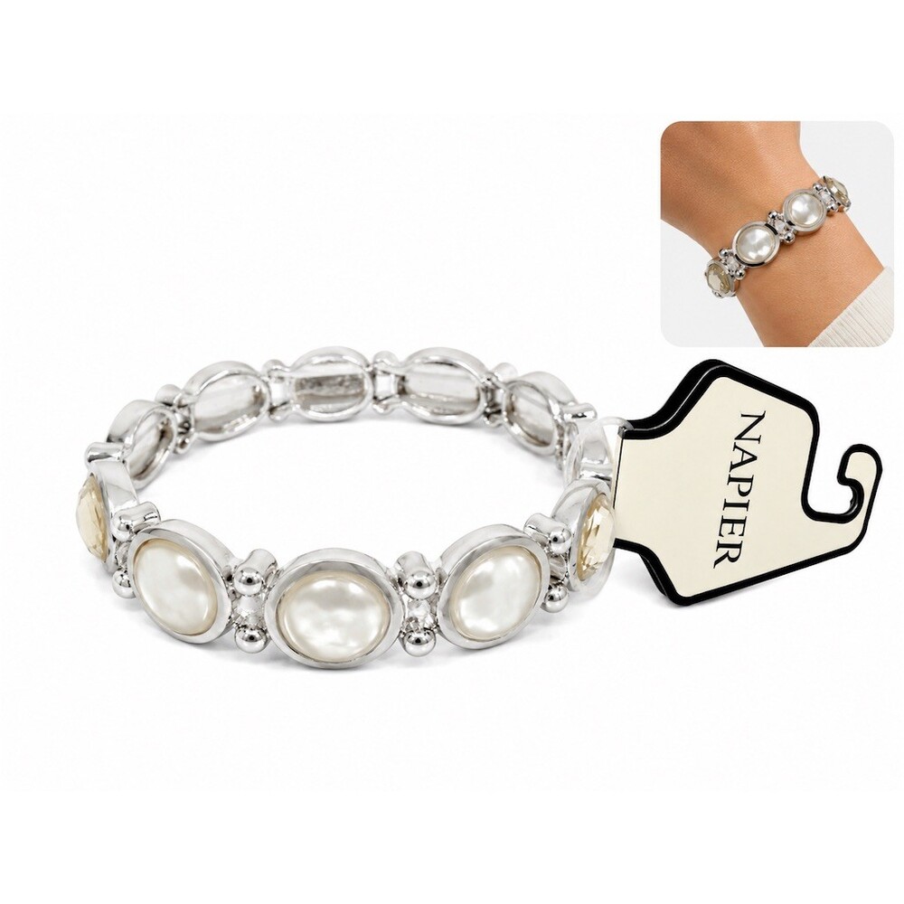 New Napier Bracelet Silver Ivory Faux Pearl Crystal Stretch Statement classic